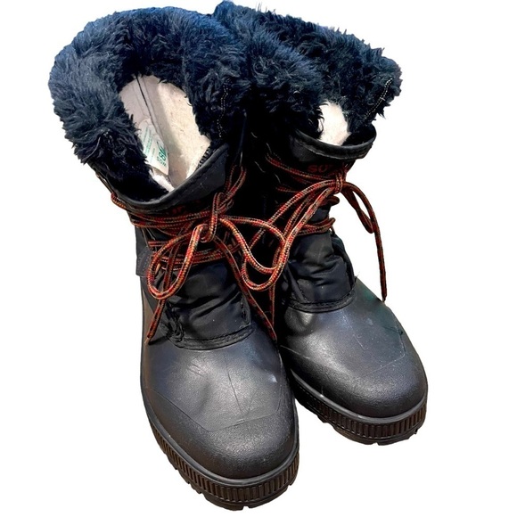 SOREL Black Waterproof Winter Boots Faux Fur Trimmed Womens 8 - Picture 1 of 8